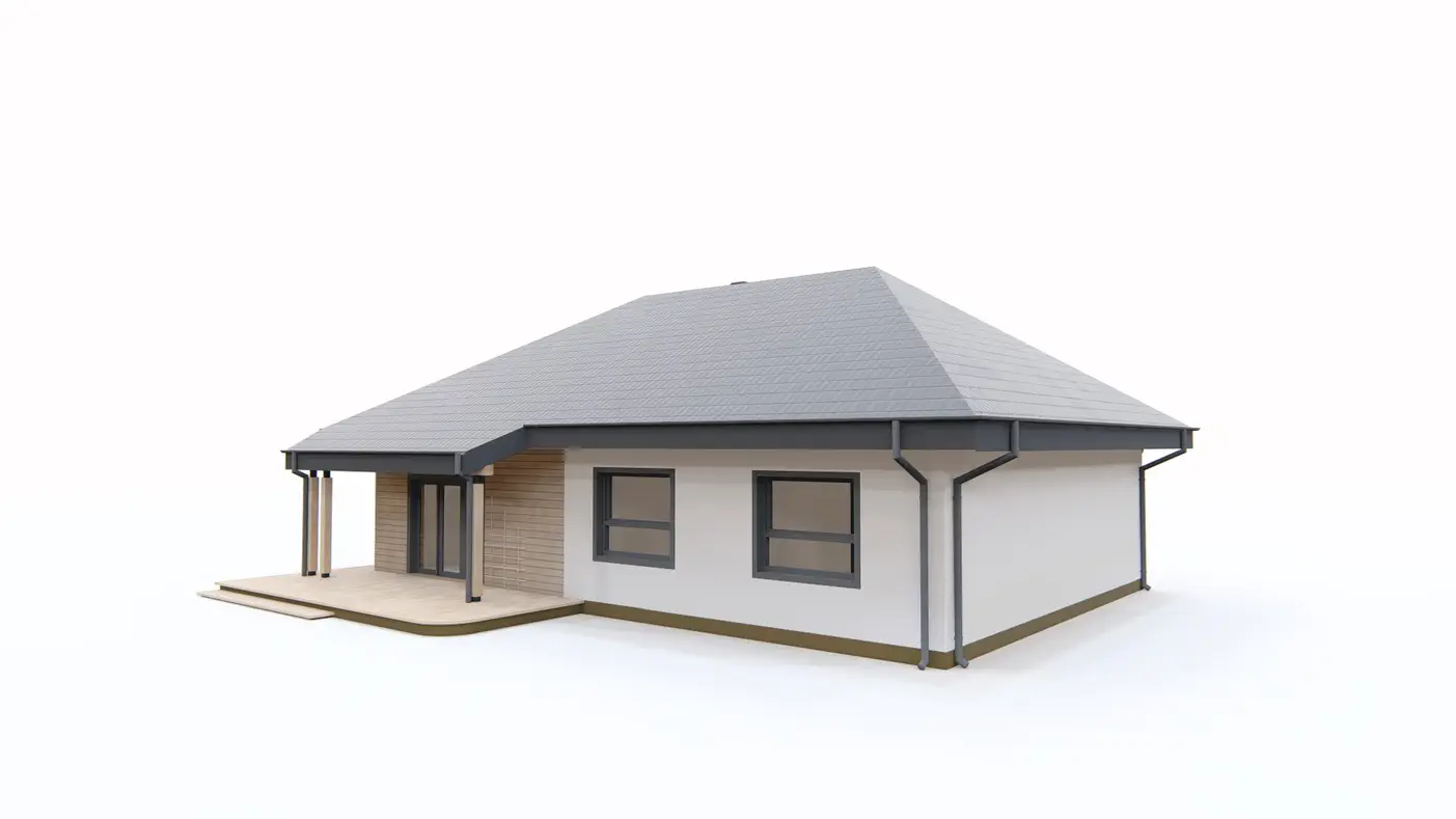 Gotowy projekt domu  - Wygodny, parterowy dom z 3 sypialniami, przestronnym salonem, zadaszonym tarasem