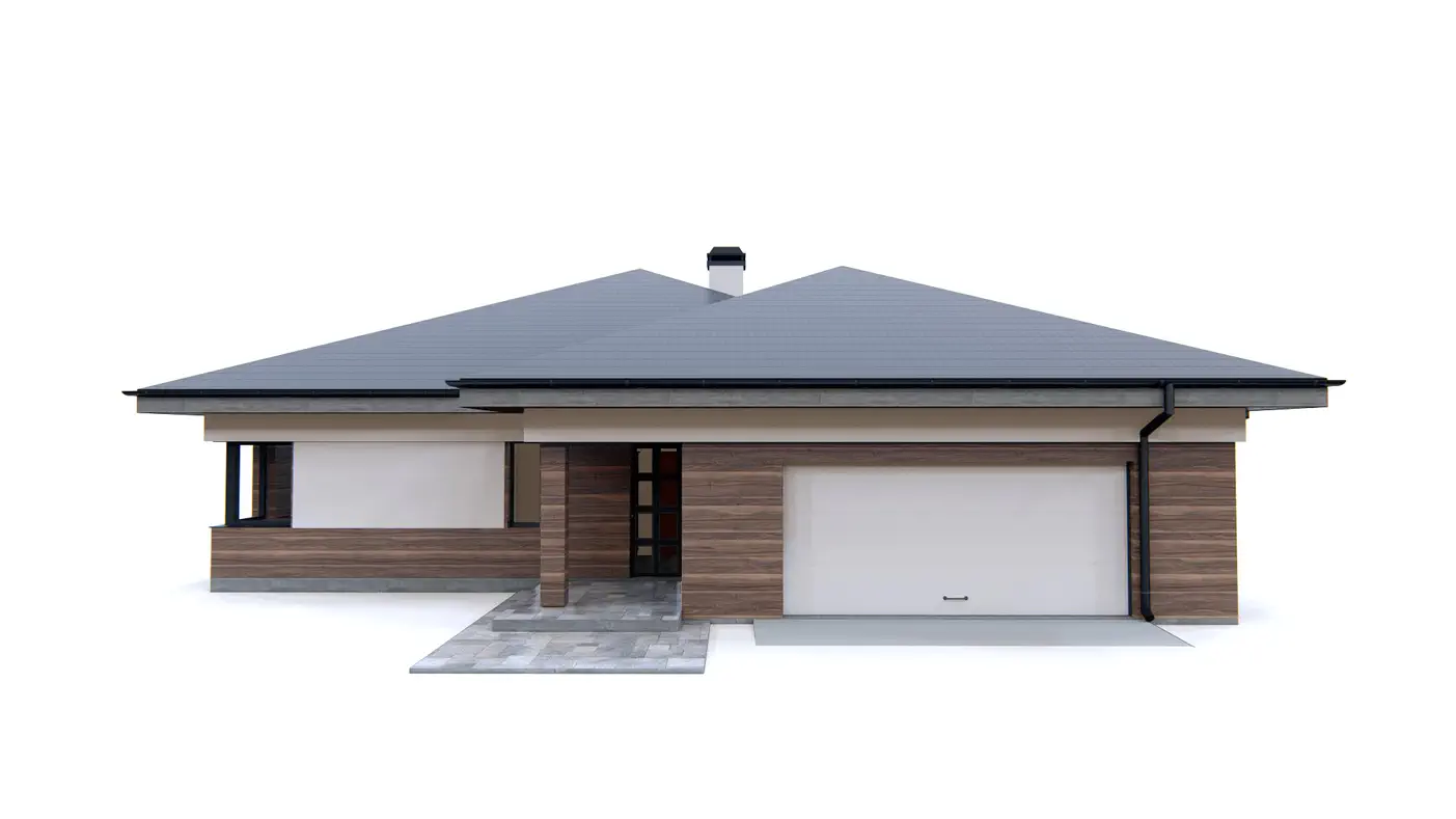 Gotowy projekt domu  - Rozłożysty, klasyczny dom parterowy z 3 pokojami, garażem i dachem wielospadowym