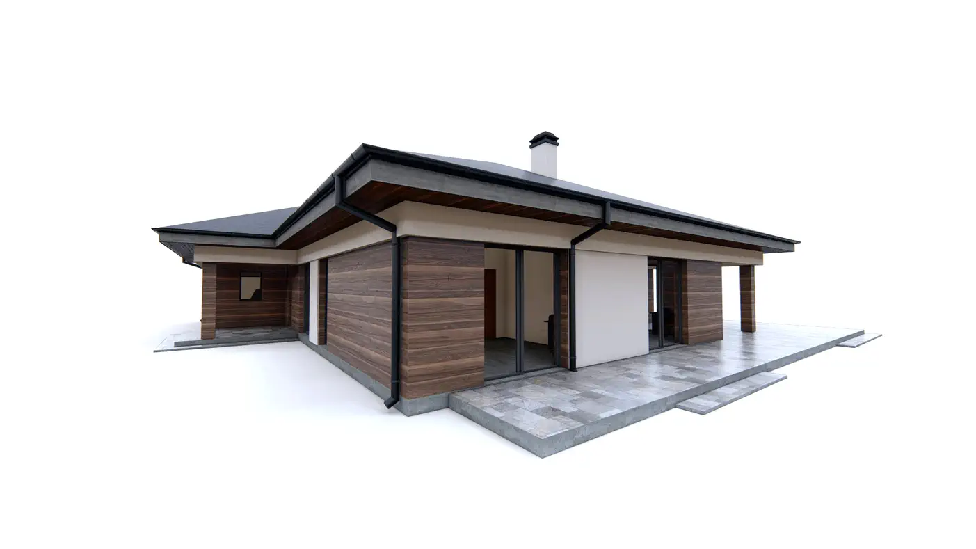 Gotowy projekt domu  - Rozłożysty, klasyczny dom parterowy z 3 pokojami, garażem i dachem wielospadowym