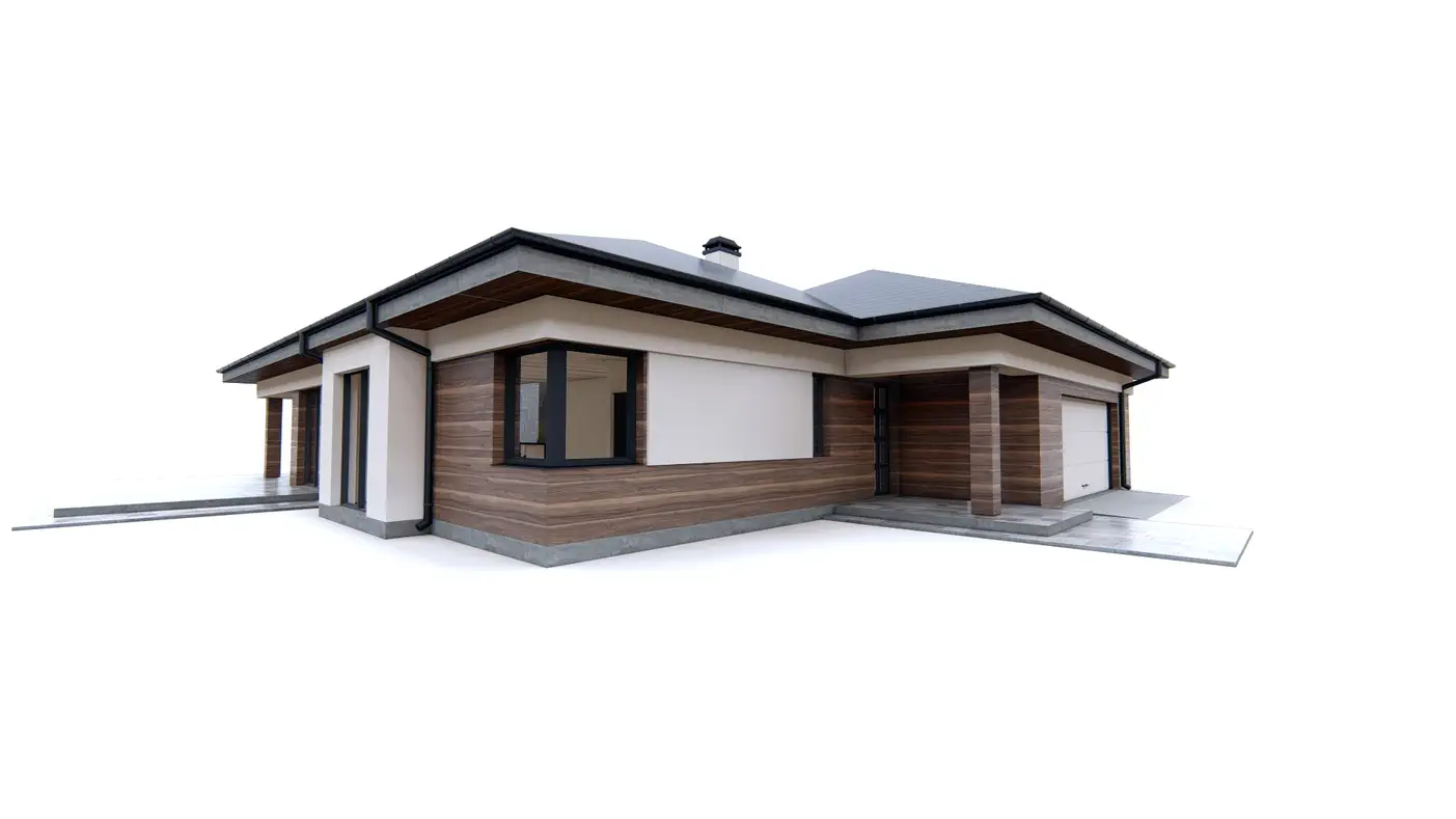 Gotowy projekt domu  - Rozłożysty, klasyczny dom parterowy z 3 pokojami, garażem i dachem wielospadowym