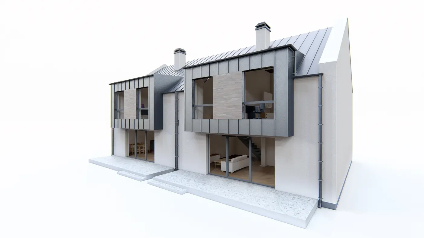 Zb5 duo to wyjątkowy dom z kategorii projekty domów w zabudowie bliźniaczej Gotowy projekt domu - Dom dwulokalowy w stylu współczesnym z dużymi przeszkleniami
