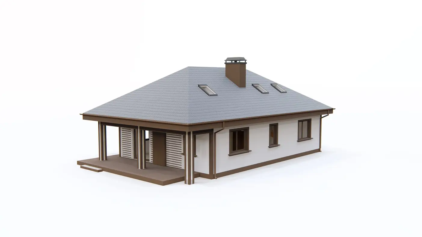 Gotowy projekt domu  - Tradycyjny dom z poddaszem, 4 pokojami, dachem kopertowym i zadaszonym tarasem