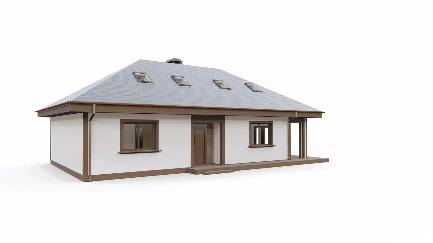 Gotowy projekt domu  - Tradycyjny dom z poddaszem, 4 pokojami, dachem kopertowym i zadaszonym tarasem