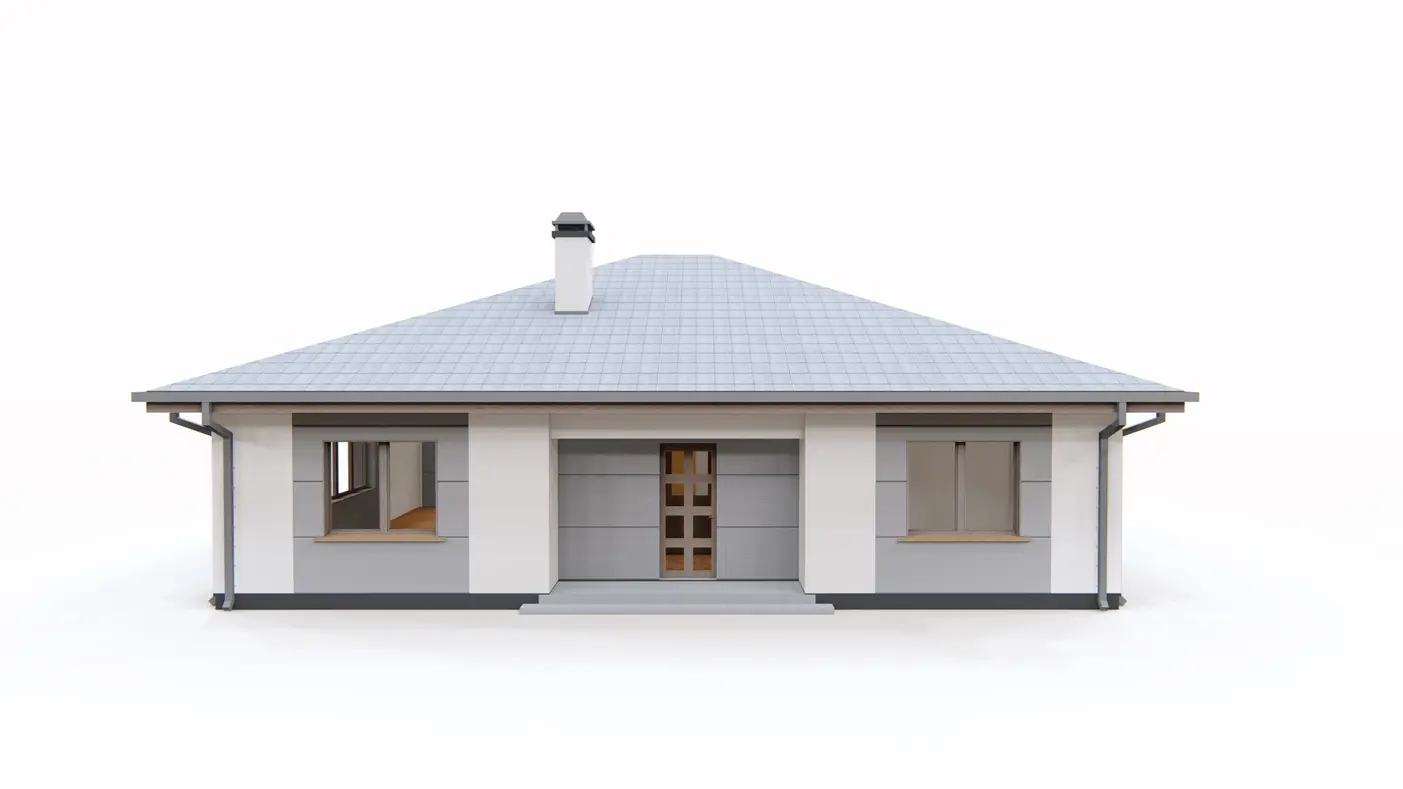 Gotowy projekt domu  - Parterowy dom z dachem kopertowym, czterema pokojami i zadaszonym tarasem