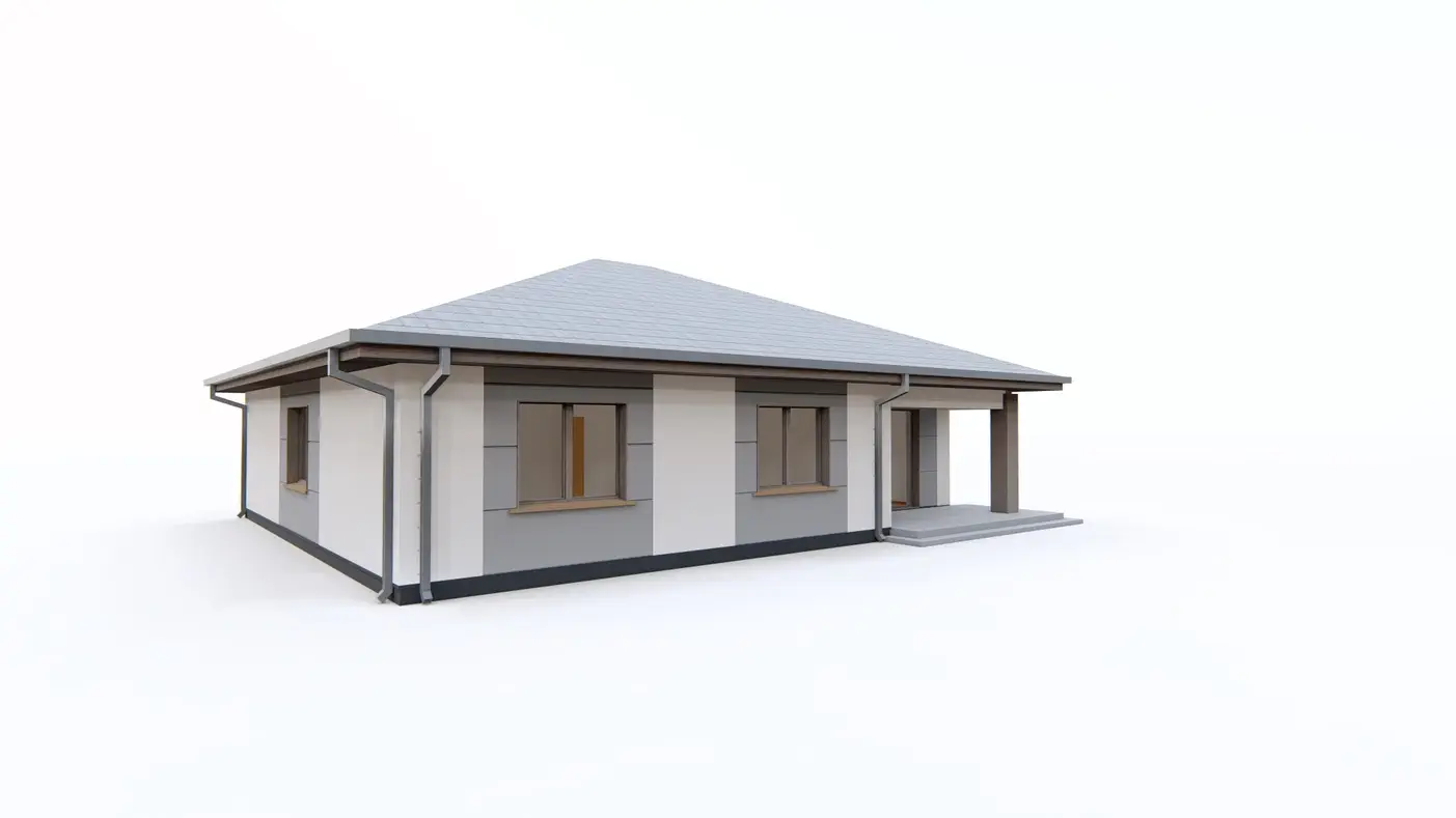 Gotowy projekt domu  - Parterowy dom z dachem kopertowym, czterema pokojami i zadaszonym tarasem