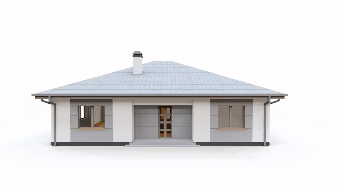 Gotowy projekt domu  - Parterowy dom z dachem kopertowym, czterema pokojami i zadaszonym tarasem