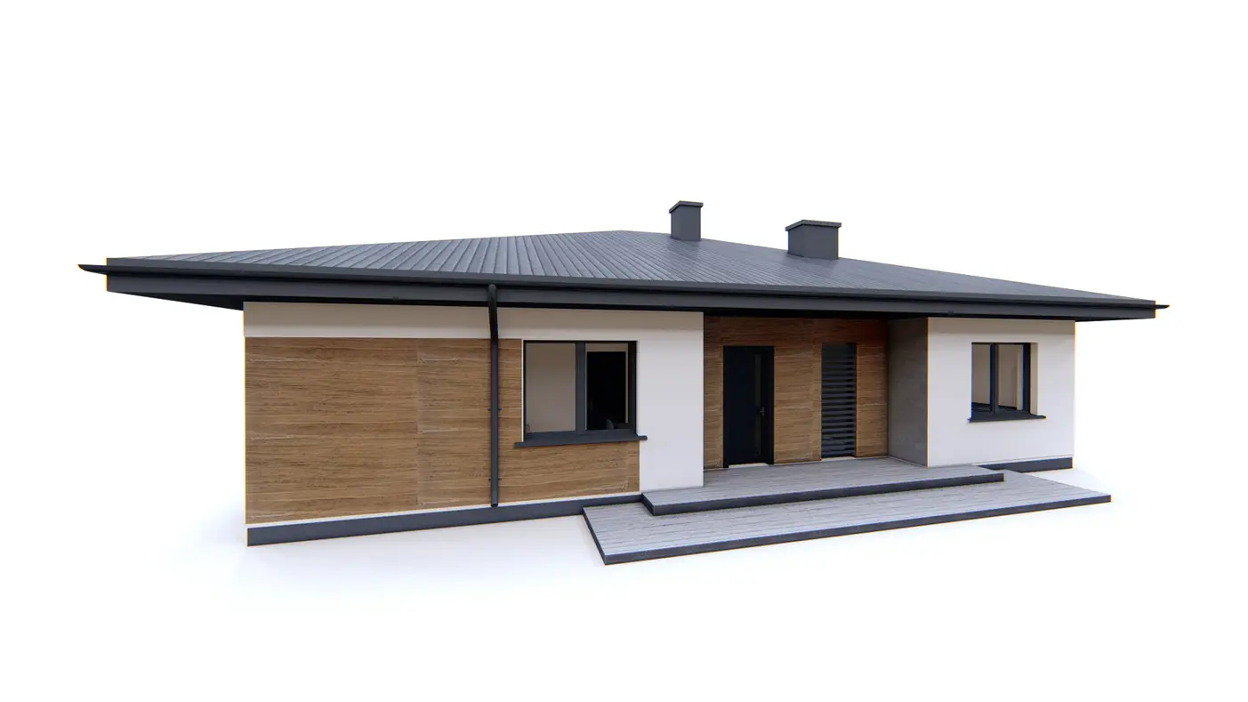 Home project  - Klasyczny dom parterowy z dachem kopertowym, 4 pokojami oraz dużym salonem.