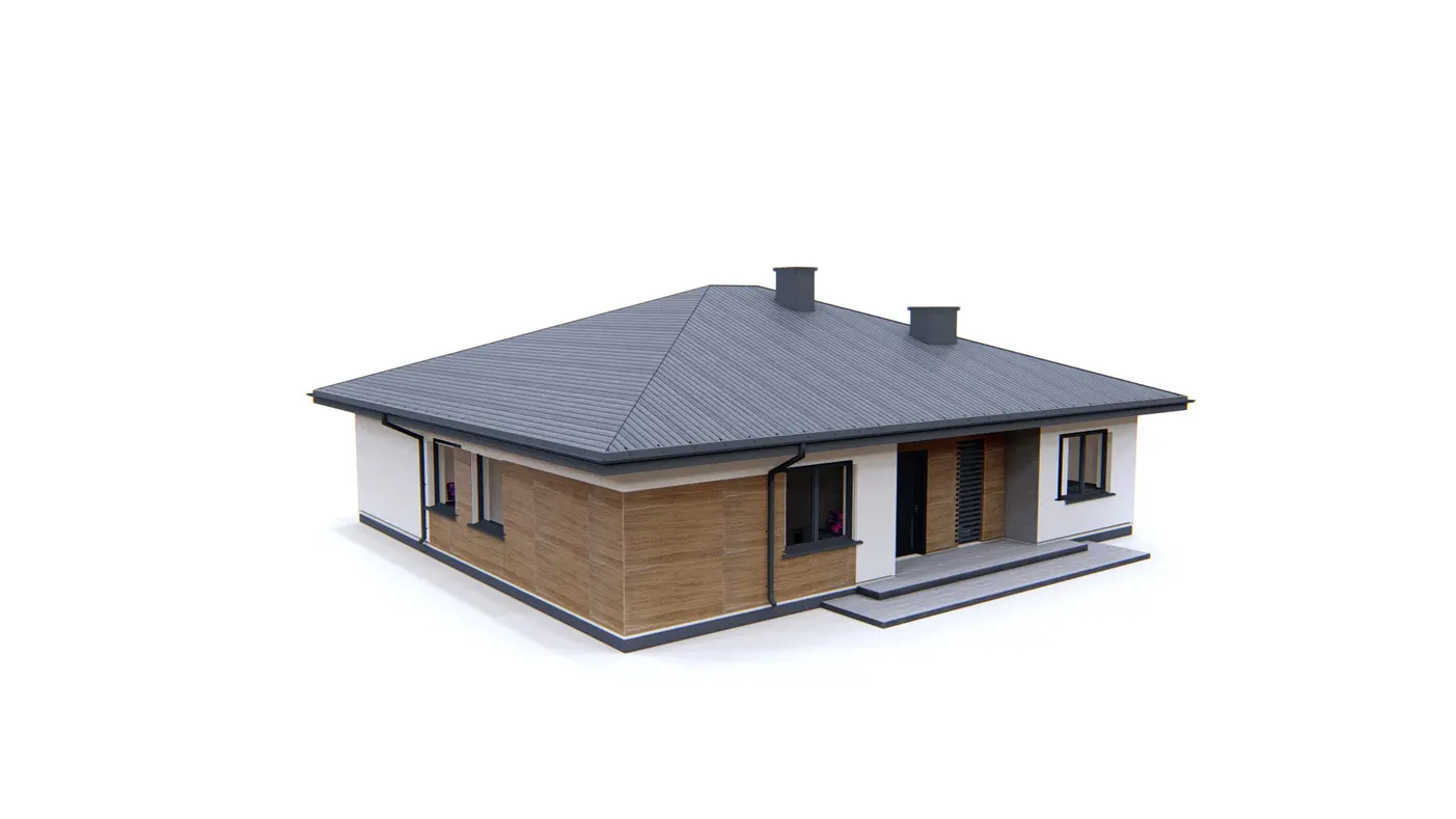 Home project  - Klasyczny dom parterowy z dachem kopertowym, 4 pokojami oraz dużym salonem.