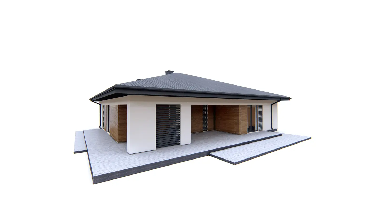 Home project  - Klasyczny dom parterowy z dachem kopertowym, 4 pokojami oraz dużym salonem.