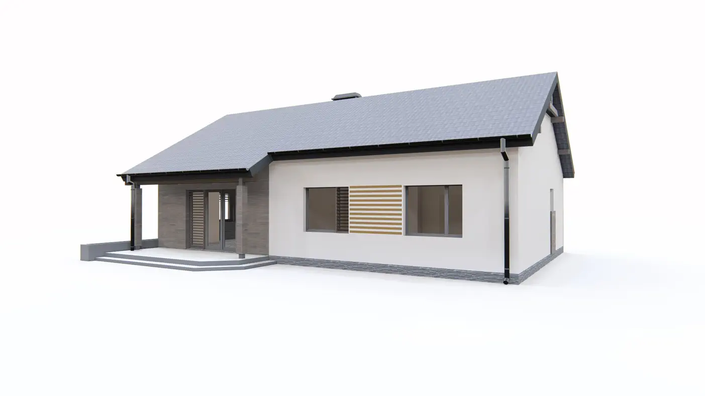 Gotowy projekt domu  - Wygodny dom parterowy z wykuszem w salonie, dachem dwuspadowym i 3 sypialniami