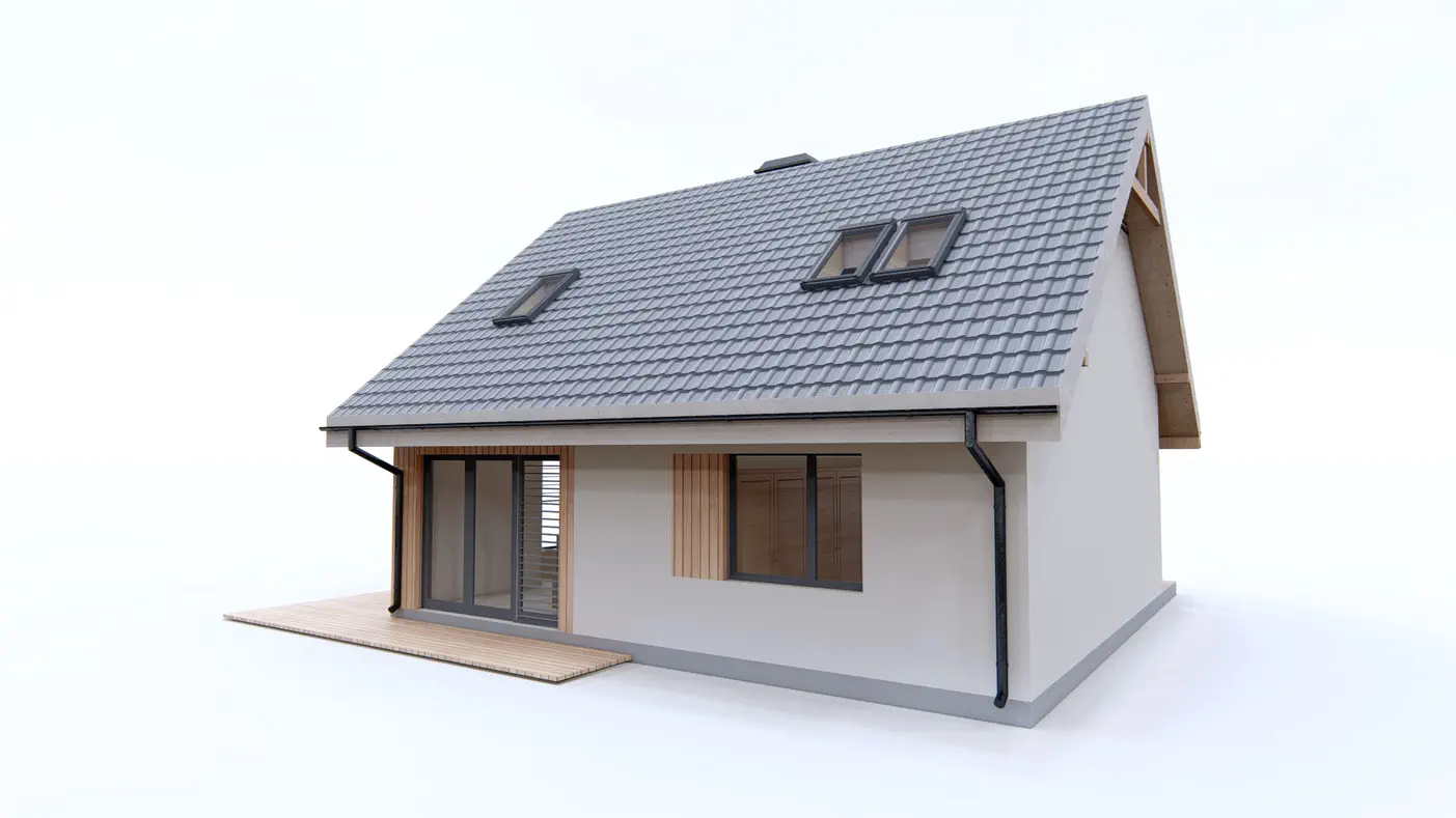 Gotowy projekt domu  - Nieduży dom z poddaszem, gabinetem na dole, wykuszem w jadalni i balkonem