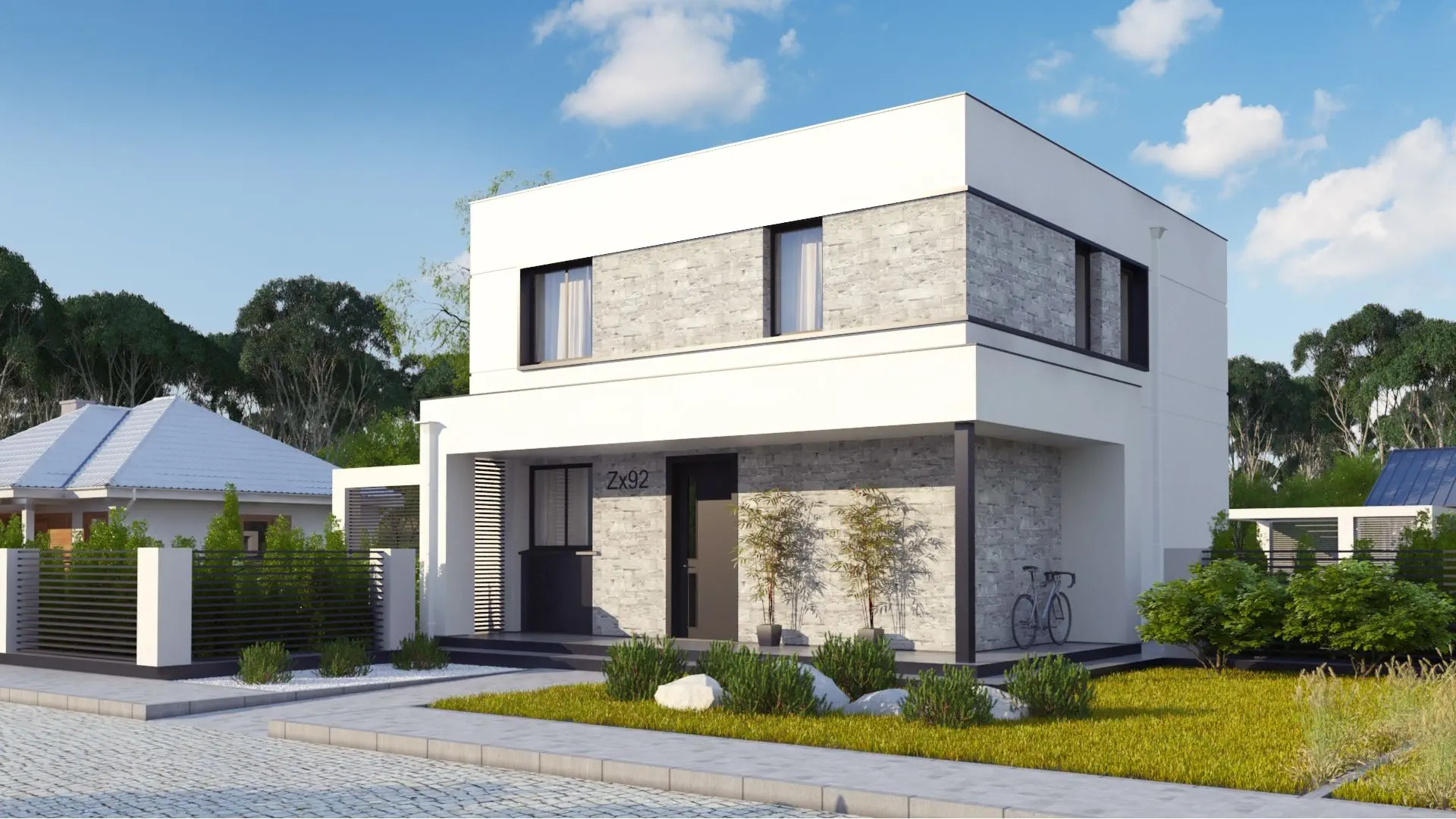 Namo dizainas Zx92 - Modernus dviaukštis namas plokščiu stogu