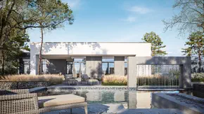 Zx260 - Nowoczesny parterowy dom z garażem dwustanowiskowym, gabinetem i dużym tarasem